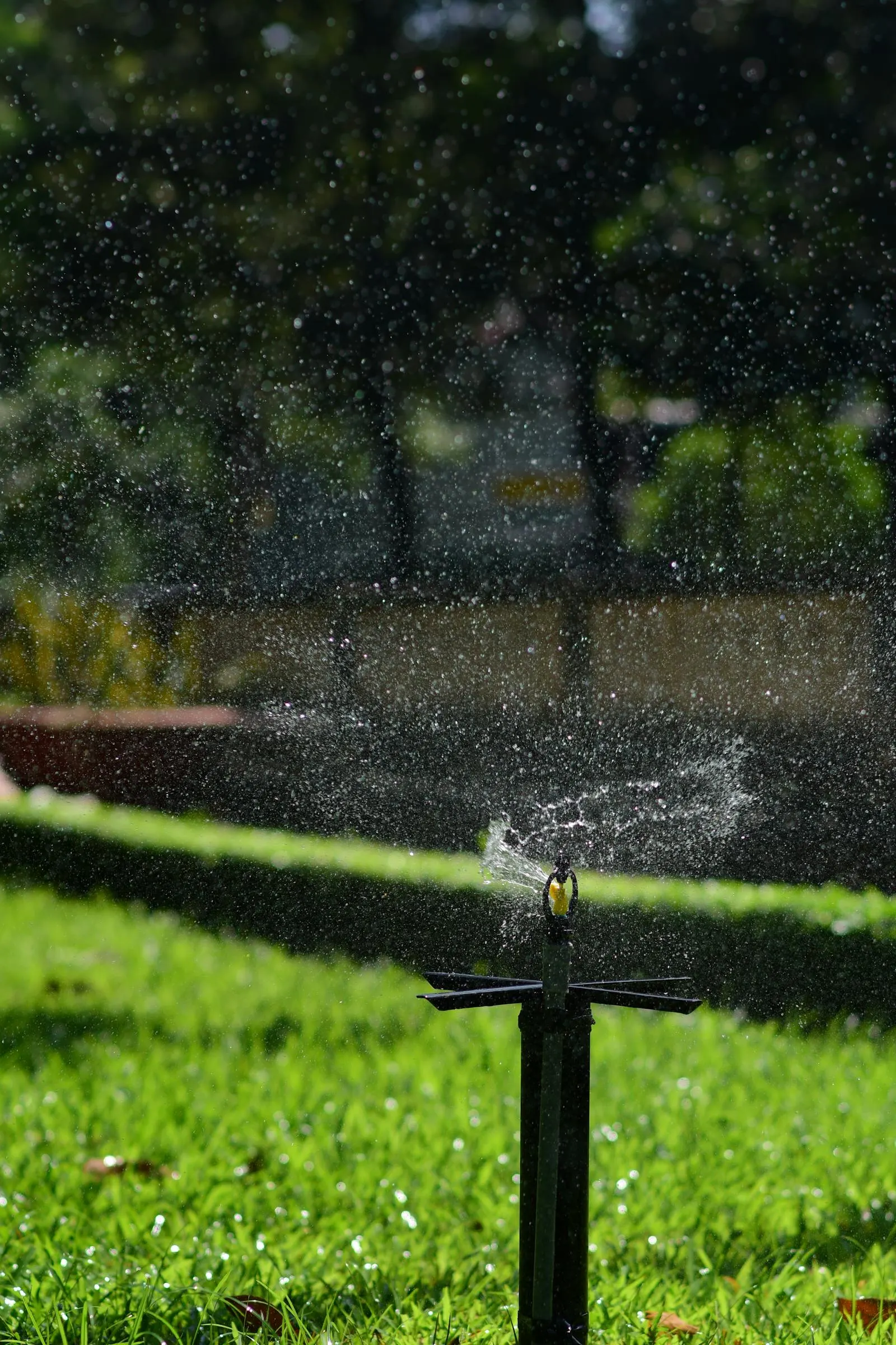 Pop-up sprinkler arcing a clean spray over a healthy overseed-rye lawn.